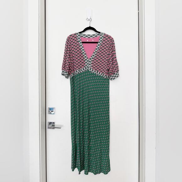 Boden Eva Jersey Knit Green and Pink Floral Midi Dress - Picture 4 of 10